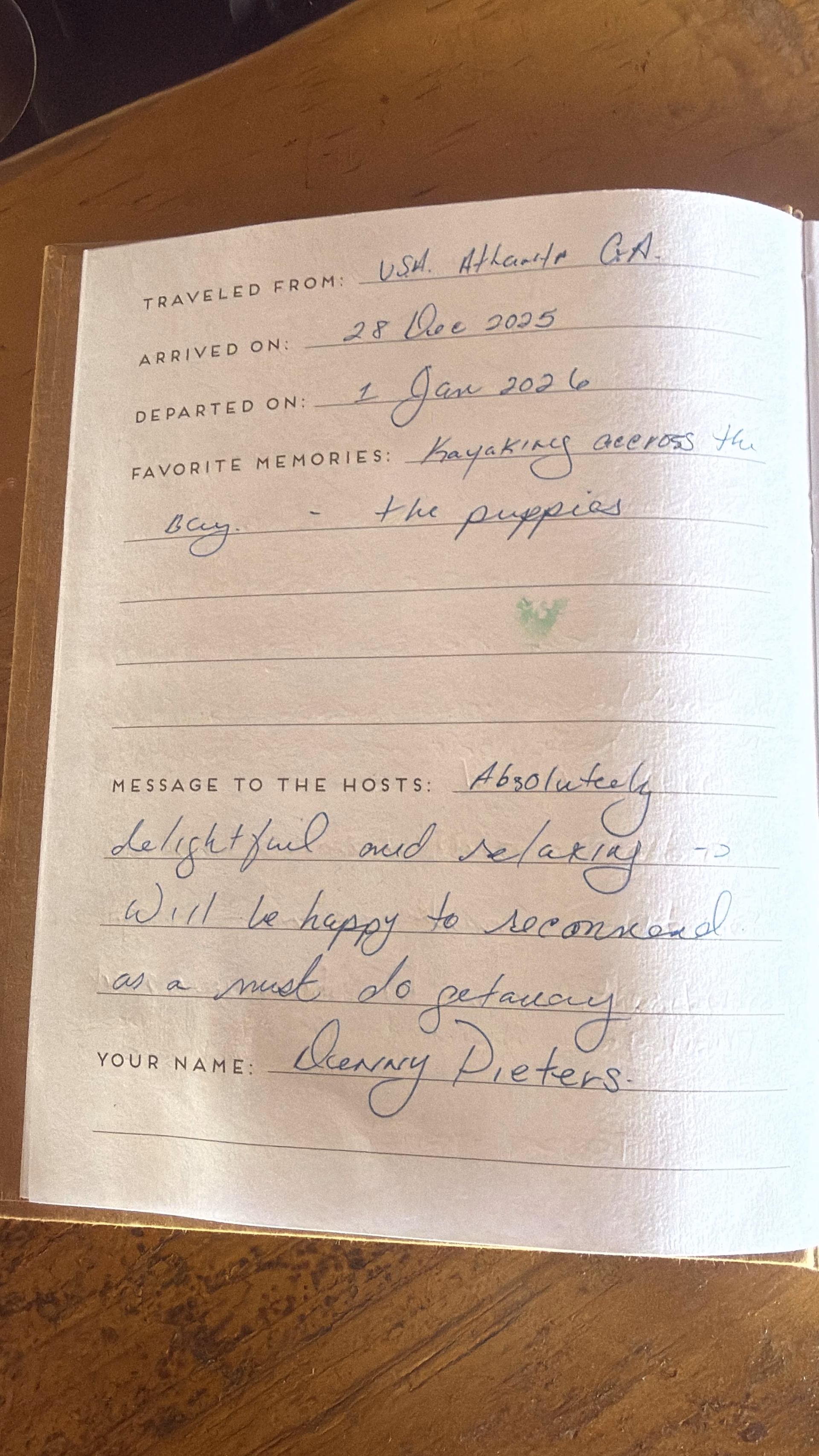 Handwritten guest review from Dolphin Blue Paradise guestbook